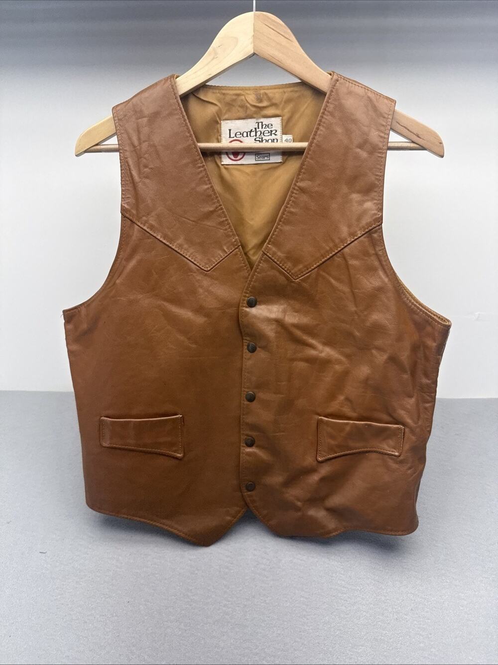VTG 70s Sears The Leather Shop Western Vest Mens 40 Brown Cowboy Waistcoat Work